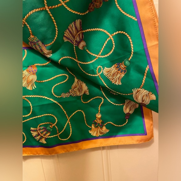 Emeraude Scarf in Satin Made in Italy Green Gold and Purple Tassel Design - Picture 4 of 4